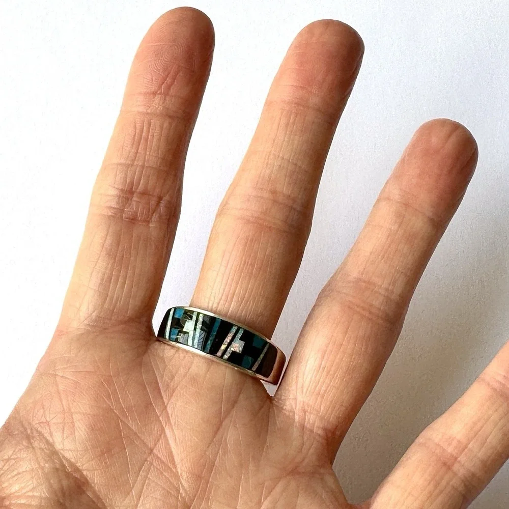 Navajo Inlay Wedding Band Mens Sz 12.5‎ Ring Turquoise Opal 9mm Signed AT